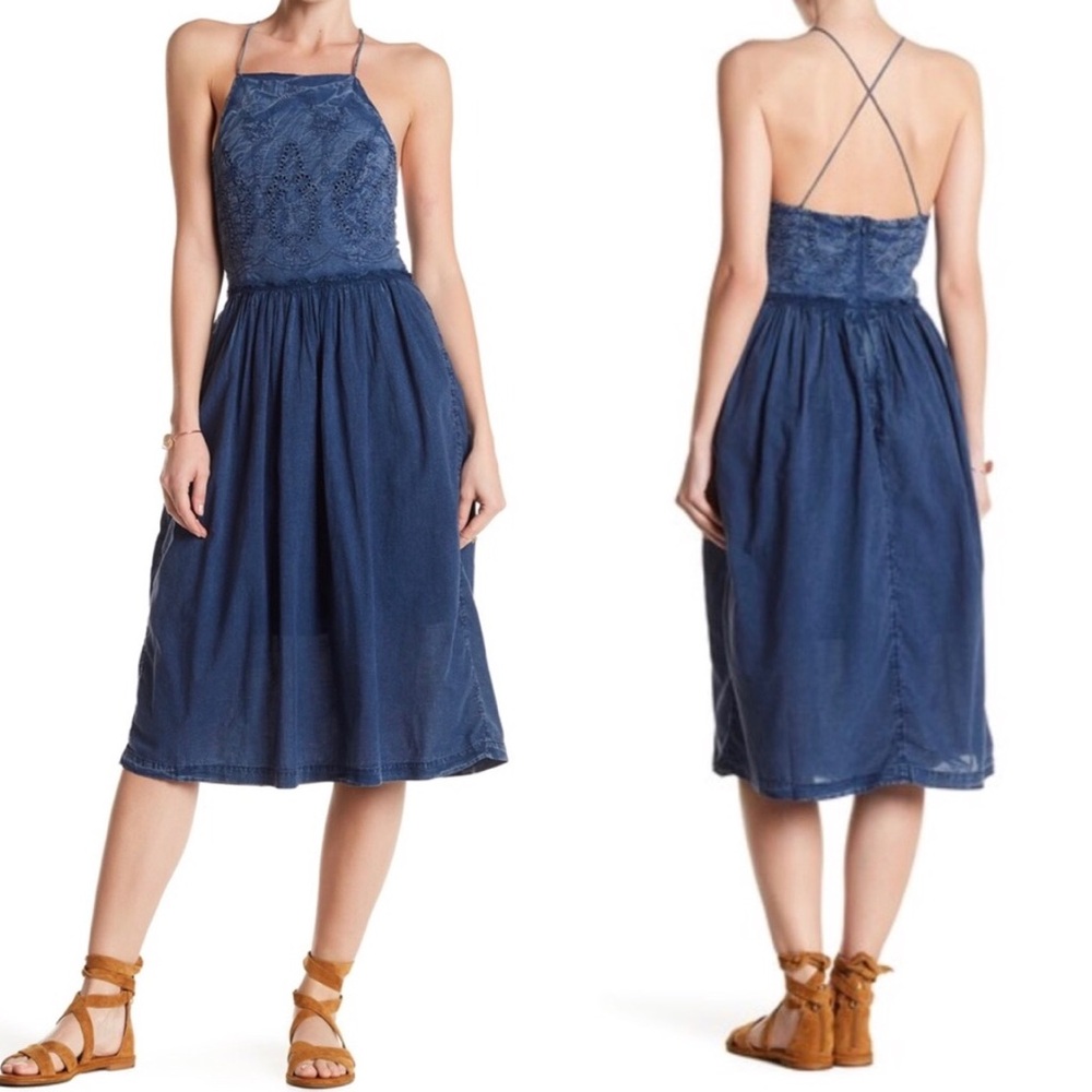 Women's Navy Blue Lace Bodice Midi Dress
